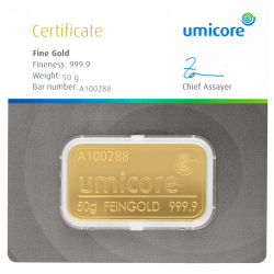 Goudbaar Umicore 50 gram met certificaat