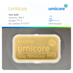 Goudbaar Umicore 100 gram met certificaat